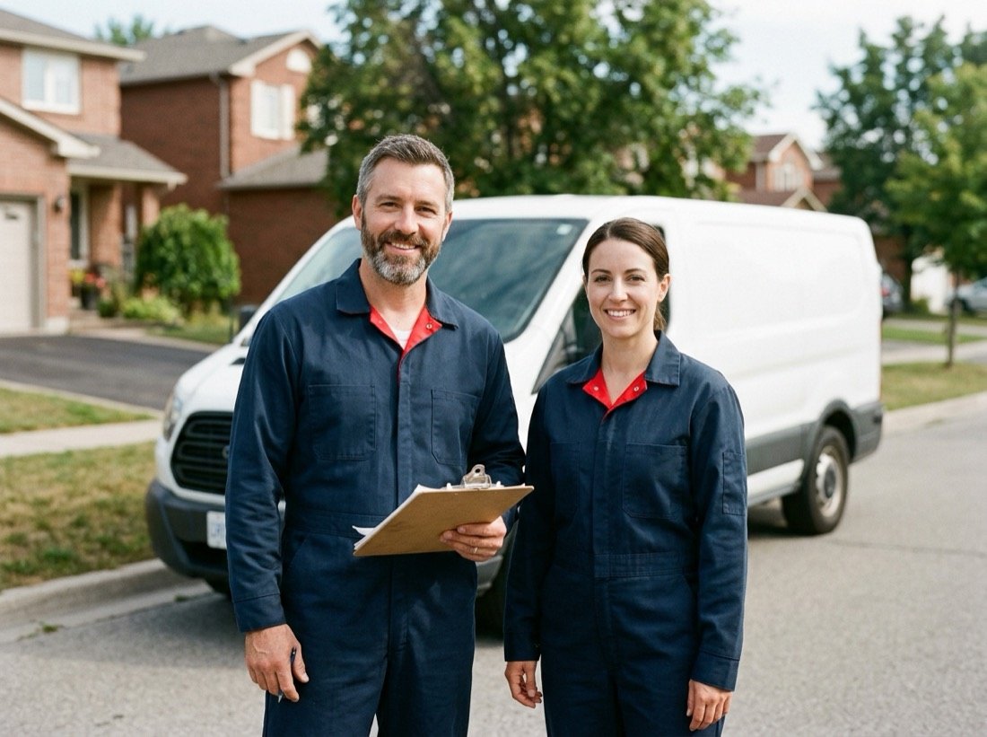 Two HR Home Care technicians in uniform standing in front of the company service van