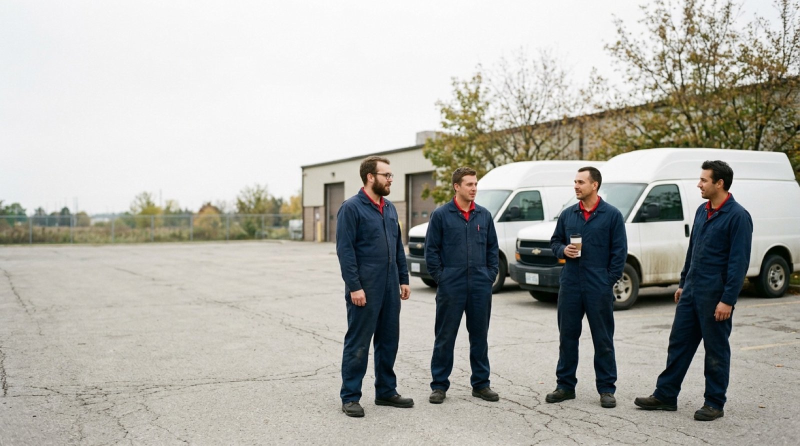 HR Home Care crew standing in front of a row of company service vans