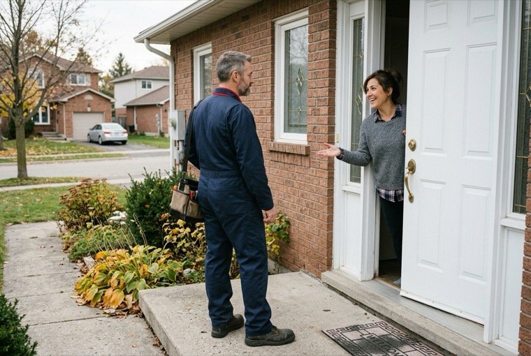 Uniformed technician arriving at a front door with a tool bag