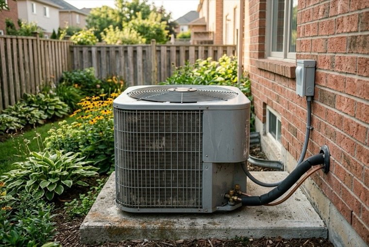 Technician inspecting an outdoor central air conditioning condenser in a residential backyard