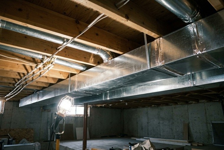 New sheet metal ductwork run through a basement ceiling