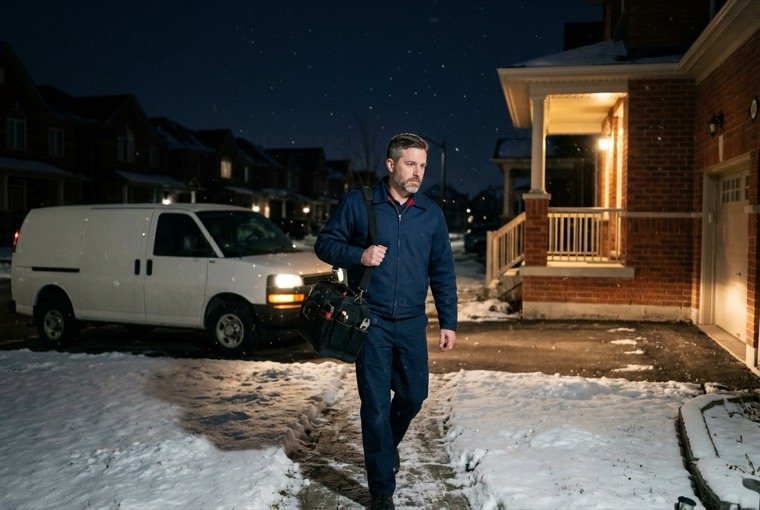 Service van at night with headlights on and a technician carrying a tool bag to a front door