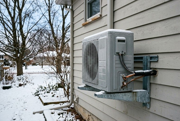 Cold climate heat pump unit mounted outside a home in winter