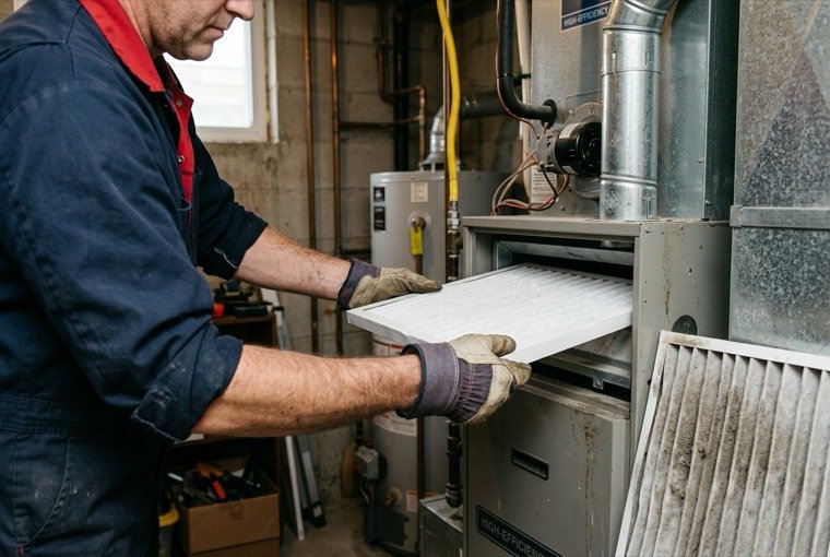 Technician replacing a clean furnace filter during a seasonal tune up